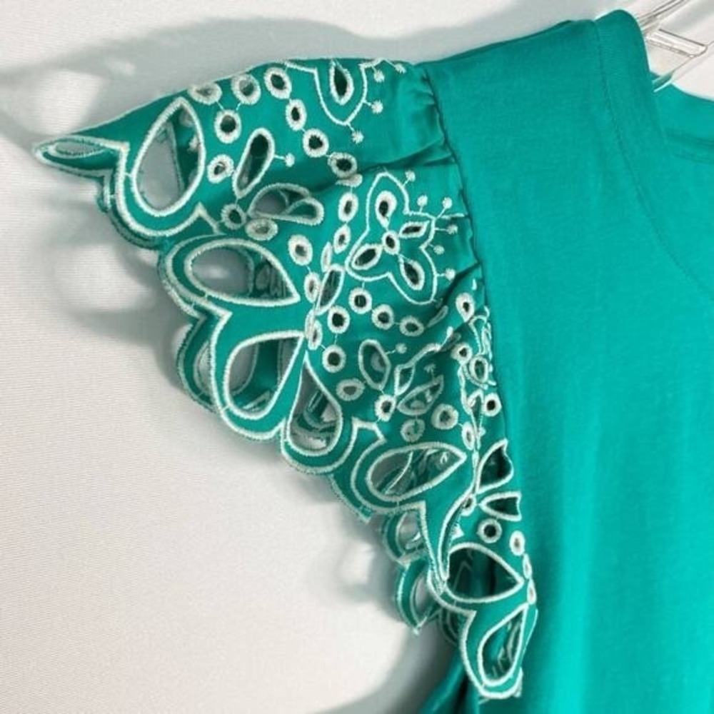 Chico's Eyelet Flutter Cap Sleeve Tee Tropical Jade Teal Lace Stretch - L - Picture 9 of 12